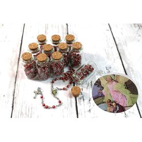 Ooki 12 pcs Angel Guardian Rosary In Glass Jar Bottle Red Beads Beaded Rosary Silver CATHOLIC Crucifix Necklace lot of 12