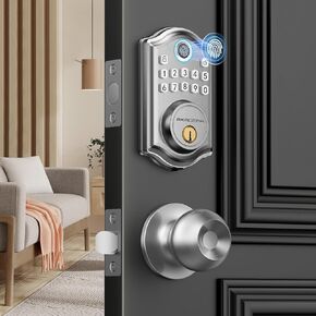 Keyless Entry Door Lock with Handle, Fingerprint Door Lock, Electronic Keypad Deadbolt with Door Knob, Keypad Door Lock with Handle, Smart Lock for Front Door, Auto-Lock & One Touch Locking