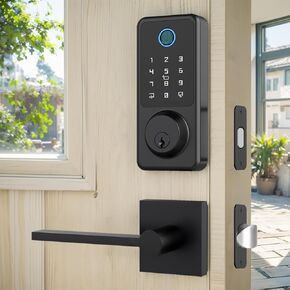 Smart Door Lock with Door Knobs Door Lock Set Fingerprint Door Lock with Handle Electronic Keypad Deadbolt Black Door Lock for Front Door Smart Lock Round Handles with Auto Lock for Home, Apartments