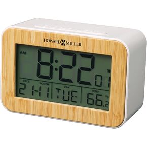 Howard Miller Alarm Clock - Battery Operated White LCD Bamboo Box Alarm Clock - Alarm Clock with Adjustable Backlight Perfect for Home Decor, Room Decor, and Office Desk - All-in-One LCD Display