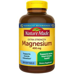 Natures Mades Extra Strength Magnesium 400 mg. 180 Softgels, Supports Nerve, Muscle, Heart and Bone Health No Synthetic Dyes, No Artificial Flavors, No Preservatives, Gluten Free