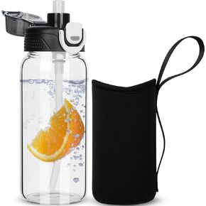 32 oz Sports Glass Water Bottle with Straw & Neoprene Sleeve BPA free Glass Drinking Bottle for Gym, Travel, Smoothie