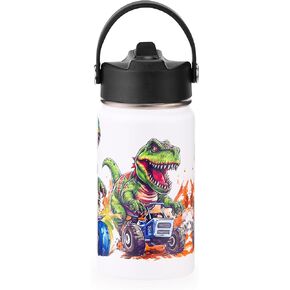 12oz Kids Insulated Water Bottle with Flip Straw & Big Handle, Monster Truck, Double Wall 18/8 Stainless Steel, Leakproof Gift for Kids Boys to School Travel Sports, Hands Wash Only