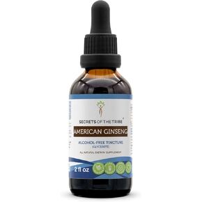 Secrets of the Tribe American Ginseng Tincture Alcohol-Free Liquid Extract, Farm Grown American Ginseng (Panax Quinquefolius) Dried Root (4 FL OZ)