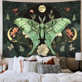 JAWO Green Butterfly Moon luna moth Flower Tapestry Boho Floral Plant moth Tapestries for Bedroom Aesthetic Tapastry's Wall Hanging Mandala Botanical Wall Tapestry for Living Room Dorm 60X40