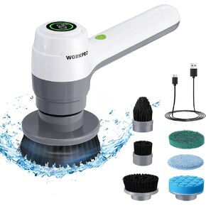 WORKPRO 8V Electric Spin Scrubber, 3-Speed Adjustable Shower Scrubber with 6 Replaceable Brush Heads, IPX6 Waterproof Electric Scrubber for Cleaning Bathroom, Kitchen Sinks, and Windows