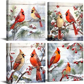 Cardinal Wall Art Vintage Christmas Wall Decor Rustic Red Bird Pictures Winter Landscape Paintings Canvas Prints Christmas Posters Artwork Holiday Decor for Living Room Bedroom Decoration 12x12" 4Pcs