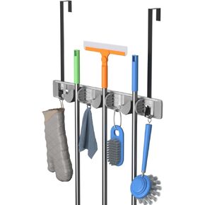 Unjumbly Broom Holder Wall Mount, Drilling Free Mop and Broom Holder with 2 Over Door Hooks, Tool Organizer for Laundry Room, Garage, Kitchen, Closet, Bathroom, Pantry, Mid Grey (4 Racks and 4 Hooks)