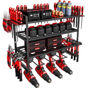 Power Tool Organizer Wall Mount, Heavy Duty Garage Wall Organizer 8 Cordless Power Drill Holder Garage Tool Organizer 4 Layer Metal Battery Tools Holder with Screwdriver/Plier/Hammer Holder