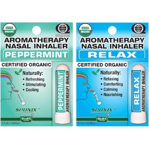 Aromatherapy Nasal Inhaler Pack of 2 Made with Organic Essential Oil - Peppermint and Relax - 0.7 mL by Sponix