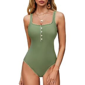 BMJL Women's One Piece Swimsuits Button Adjustable Strap Bathing Suits Color Block Retro Swimwear