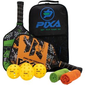 مجموعة مجداف PIXA Powercrush Max Force Pickleball من 2، مع 4 كرات، ومنشفتي تبريد، وحقيبة؛ T-300 كربون، سطح SpinMax، 16 مم، مبتدئ/متوسط