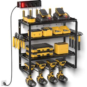 Power Tool Organizer Wall Mount with Charging Station, 8 Drill Holders and 4 Layers Garage Organization, Tool Battery Holde with 6 Outlet Power Strip, Tool Storage for Workshop Pegboard, Shed