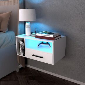 Floating Nightstand with Charging Station and LED Light Strips, 21.3" Night Stand with Drawers, Floating Bedside with USB Ports and Outlets, Bedroom Furniture
