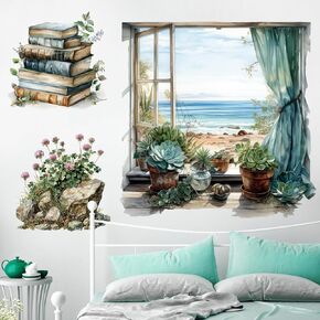 3D Potted Plant Fake Windows Wall Decals Green Plants Succulent Wall Stickers Lavender Flowers Grass Wall Art Vinyl Removable Peel and Stick Wallpaper for Kids Nursery Kitchen Home Decoration