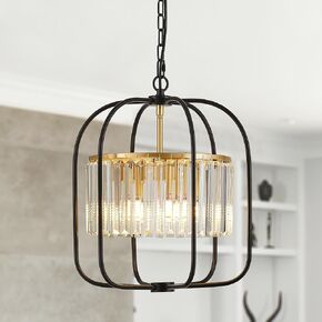 14" Modern Black and Gold Crystal Chandelier for Dining Room Vintage Industrial Caged Pendant Light Fixture for Kitchen Island, Farmhouse Hanging Ceiling Lighting for Entryway Foyer Hallway