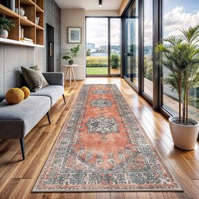 CAMILSON Printed Runner Rugs Oriental Retro Vintage Medallion Area Rug 2x7 Non-Shedding Ultra Thin Super Strong Stain Resistant Indoor Carpet for Bathroom Hallway Kitchen (2 x 7 Orange)