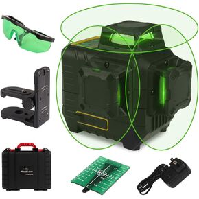 Laser Level 360 Self Leveling,3x360° Cross Line Laser for Construction and Picture Hanging, 12 Green Laser Level Tool with 5200 mAh Rechargeable Battery & Hard Carry Case