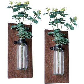 2 Pack Wood Glass Wall Vases and Plants Artificial, Indoor Wood Hanging Vase, Modern Farmhouse Wall Decor for Bathroom Office and Living Room, Farmhouse Sconces Wall Decor (White)