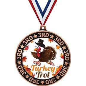 Turkey Trot 3rd Place Perimeter Medal Bronze, 2.75" Turkey Trot Prizes, Kids Thanksgiving Trophy Medal Awards Prime