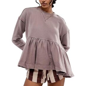 Womens Cute Ruffle Hem Babydoll Sweatshirt Long Sleeve Drop Shoulder Trendy Flowy Peplum Pullover Crop Tops