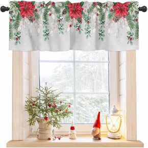 Christmas Curtain Valance for Windows Poinsettia Flower Pine Cone Rod Pocket Valance Window Treatments 1 Panel Snow Winter Berry Short Curtains for Kitchen Windows Bathroom Bedroom 54x18In
