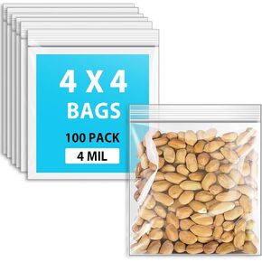 4x4 Zip Plastic Bags, 4 Mil Heavy Duty Zipper Reclosable Clear Plastic Poly Bags, 4" x 4" (Pack of 100)