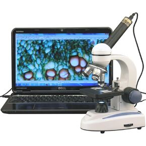 AmScope M158-E2 Digital Cordless Compound Monocular Microscope, WF10x Eyepiece, 40x-400x Magnification, LED Illumination with Rheostat, Brightfield, Single-Lens Condenser, Coaxial Coarse and Fine Focus, Plain Stage, 110V or Battery-Powered, Includes 2MP C