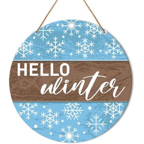 Muktoujaumai Hello Winter Sign Front Door Decor, Christmas Round Hanging Sign Decor Rustic Snowflake Xmas Holiday Wall Decorations Winter Wood Sign for Door, Porch, Home, Welcome Winter