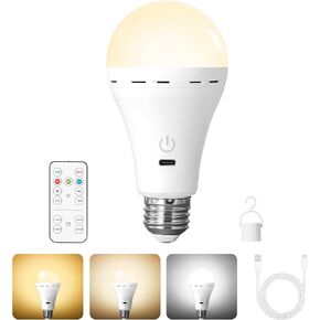 Wireless Rechargeable Light Bulbs with Remote, 2Pack LED Cordless Battery Operated Light Bulbs for Lamps, E26 Battery Powered Magic Light Bulb with 300LM, 3 Color, Dimmable for Non-Hardwired in Saudi Arabia