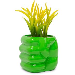 Silver Buffalo Marvel Comics Hulk Smash Hand 3-Inch Ceramic Mini Planter with Artificial Succulent | Cute Small Flower Pot, Faux Indoor Plant