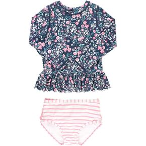 RuffleButts Baby/Toddler Girls Scalloped Long Sleeve Rash Guard 2-Piece UPF50+ Sun Protected Swimsuit