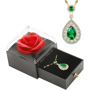 Preserved Red Rose Flowers with Emerald Water Drop Necklace - Eternal Rose Birthday Gifts for Women Girlfriend Wife Her Anniversary, Mothers Day Gift for Mom Flowers for Delivery Prime Grandma