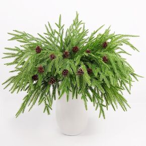 12 Pcs Christmas Norfolk Pine Stems with Pine Cones,18" Norfolk Pine Artificial Branches Greenery Christmas Stems Picks DIY Crafts Faux Xmas Branches for Garland Home Decoration Indoor Outdoor Decor