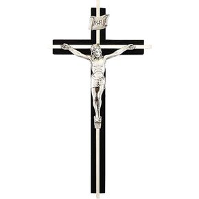 Black Wooden Wall Crucifix with Silver Toned Inlay Cross, 10 Inch