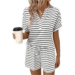 Floerns Women's 2 Piece Outfit Tracksuit Striped Notched Neck T Shirt Track Shorts Set