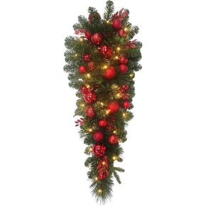 BIG 25" D Pre-lit Christmas Artificial Rose Pine Wreath w Natural Grapevine Base Lotus Seedpod (30 LED Lights, 8 Flash Options) for Xmas Decor at Shop Home Front Door Living Room Wall Window (Battery)