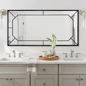 Black Decorative Wall Mirror, 48"x24" Large Entryway Mirror with Geometric Metal Frame, Octagonal Elegant Mirror for Living Room, Bathroom, Entryway