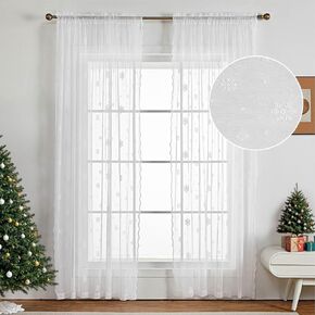 a moment Christmas Curtains for Living Room - White Sheer Lace Curtains with Snowflake 63 Inch Length for Xmas Bedroom, Solid Rod Pocket Window Drapes, 2 Panels, 52 x 63 Inch White