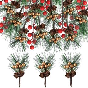 40 Pieces Mini Artificial Christmas Floral Picks Artificial Pine Picks Red Berry Picks Holly Red Berry Stems Green Pine Needles Picks for Christmas Tree Wreath Gifting Props Winter Holiday