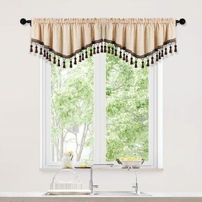 ELKCA Double-Sided Chenille Window Curtains Tier for Kitchen Ascot Valance Curtain for Living Room,Pack of 2(Beige, 52" W x 18" L)