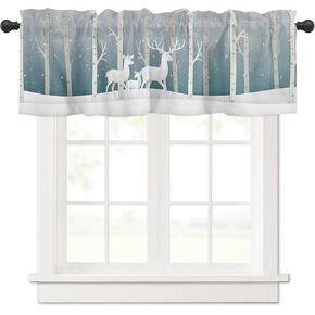 Valance Curtains White Christmas Deer in Winter Snow Forest Window Valance for Living Room Bathroom Bedroom, Light Filtering Short Kitchen Valance Rod Pocket Window Decor Curtain 54"x18"