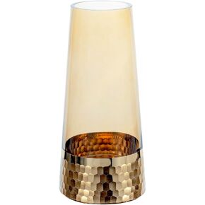 MyGift 9.5 Inch Tall Amber Brown Tint Glass Flower Vase with Gold Tone Hammered Metal Accent Base, Mid Century Modern Tabletop Centerpiece Home Decor Gift