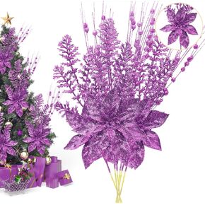 Artificial Glitter Berry Stem Ornaments, 18 Pack 17.5 Inch White Fake Christmas Picks Decorations with Poinsettia Christmas Flower,Twigs Bead Sticks for Christmas Tree Wedding Small Vase Wreath Decor