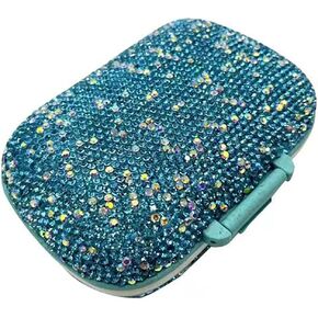 Bling Diamond Pill Organizer with 8 Compartments,Daily Travel Portable Pill Case Double Sided Rhinestone Pill Box for Vitamin/Cod Liver Oil Medicine Kit (Green)