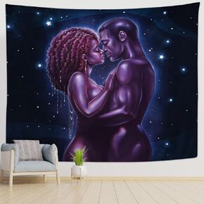 KOYI Black Couple Tapestry African American Couple Lover Oil Painting Wall Tapestry African King and Queen Wall Hanging Throw Tablecloth for Bedroom Living Room Dorm Room,50"x60"