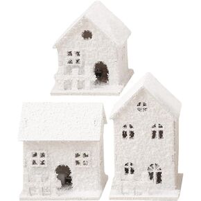 Toyvian Lighted Christmas Village Houses Set, 3Pcs Xmas Snow Houses Glowing Wooden Cottage Town Scene Ornaments Christmas Indoor Room Decor Collectible Buildings