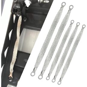 Pack-5 Car Engine Ground Strap, 3 Pcs 10" + 2 Pcs 13" Copper Flat Braided Flexible Cable Ties with Ring Terminal, Multifunctional Cable Bridge Grounding Strip, Universal for Cars (Silver)