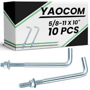 10 Pcs J Bolt Galvanized Anchor Bolts Galvanized Concrete Fastener Concrete Bolts Cement Post Anchor with Nuts and Washers for Foundation Wall Hardware Brick Projects, Gray(3/4-10 x 12)