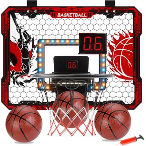 OZMI Mini Basketball Hoop Indoor, Over The Door Basketball Hoop with LED Lights & Electronic Scoreboard, Includes 3 Balls & Pump, Kids Basketball Toys Gift for 5 6 7 8 9 10 11 12 Year Old Boys Girls